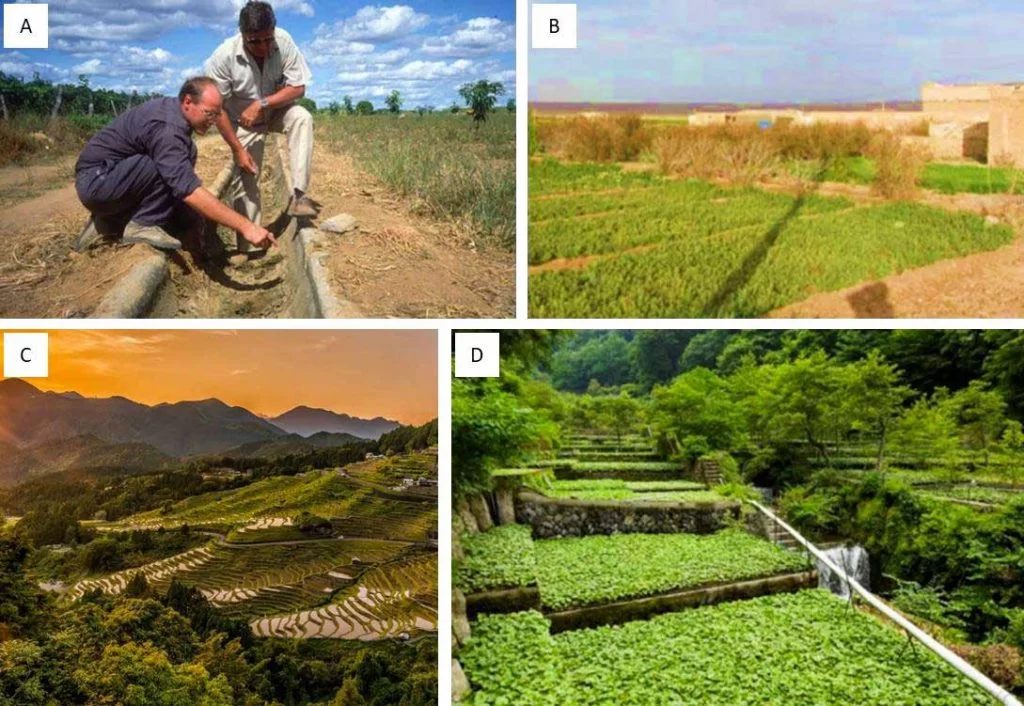 Figure 2-22 Sustainable farming practices: (a) Reducing water run-off in cultivated fields (US), (b) Forage crop farm in Q...