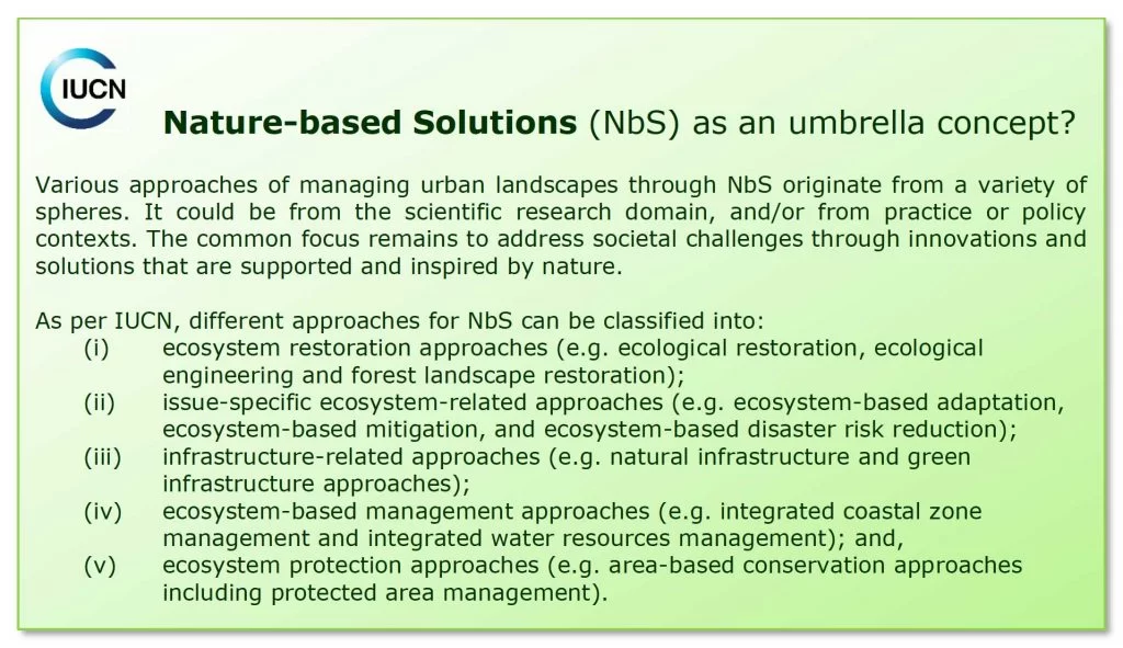 IUCN definition of nature-based solutions and the five approaches it classifies them into