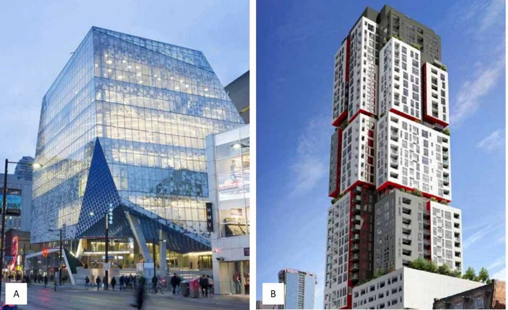 Figure 2-28 Well-designed bird-friendly buildings in Toronto, Canada: (a) Ryerson Student Learning Centre has strong visua...
