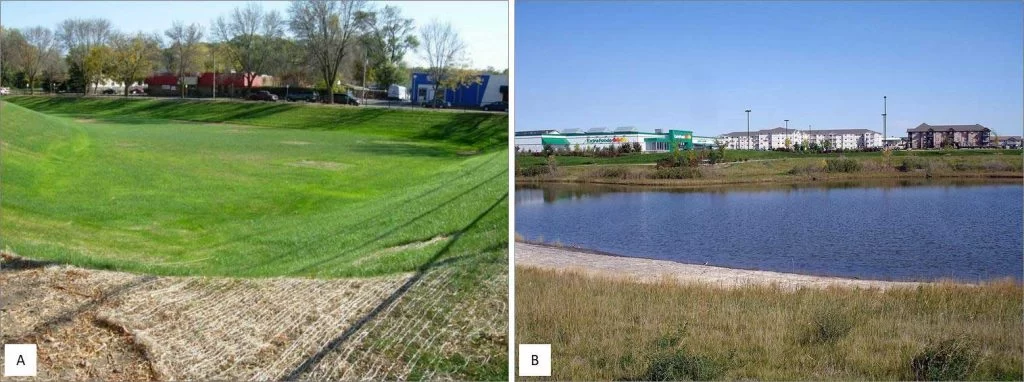 Figure 2-13 Examples of stormwater management for storing excess rainwater: (a) detention basin, and (b) retention pond32 