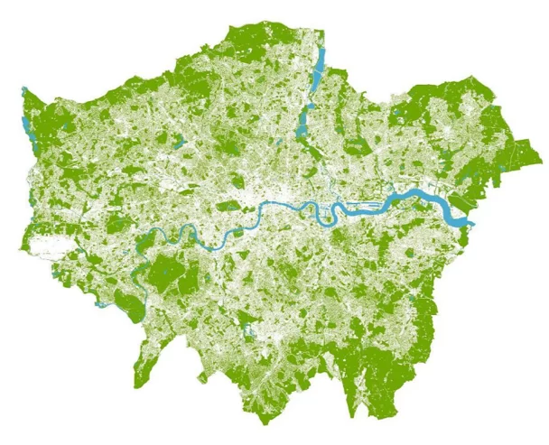 Map of Greater London showing green infrastructure cover and the River Thames