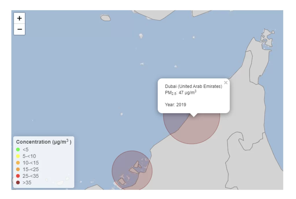 Map of PM2.5 concentration around Dubai, recording 47 micrograms per cubic metre in 2019
