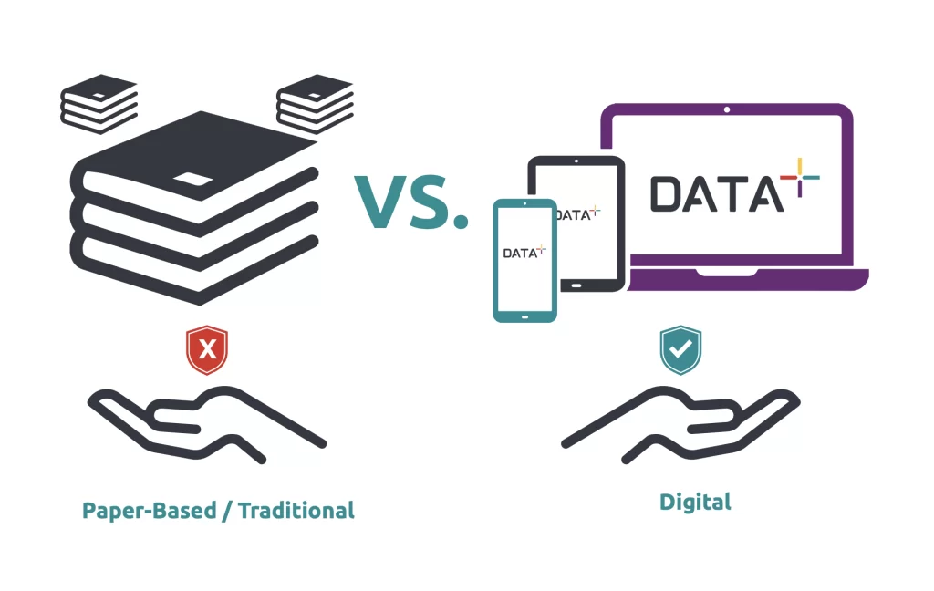 Paper-based versus digital handover, contrasting stacks of manuals with the DATA+ platform on laptop, tablet and phone