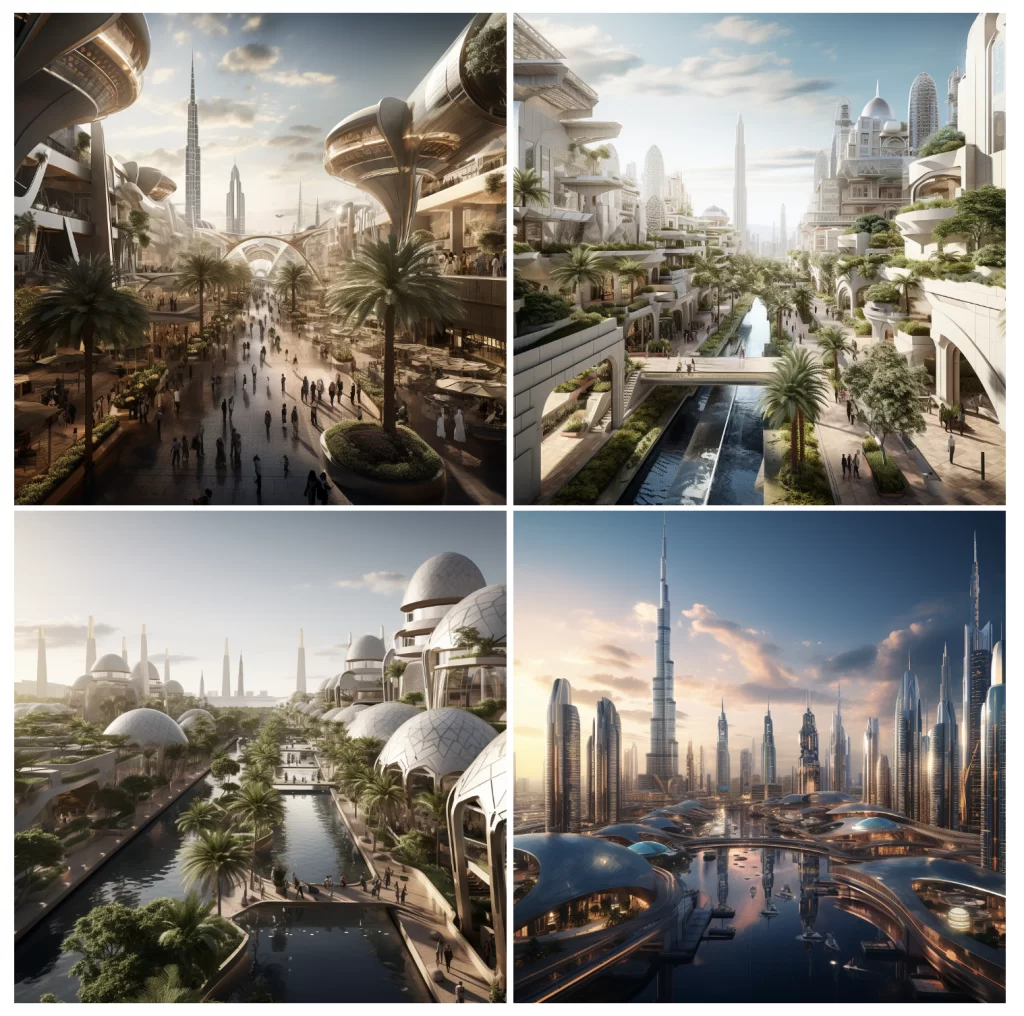 AI-generated visualisations of a future Dubai with landscaped terraces, waterways and shaded streets