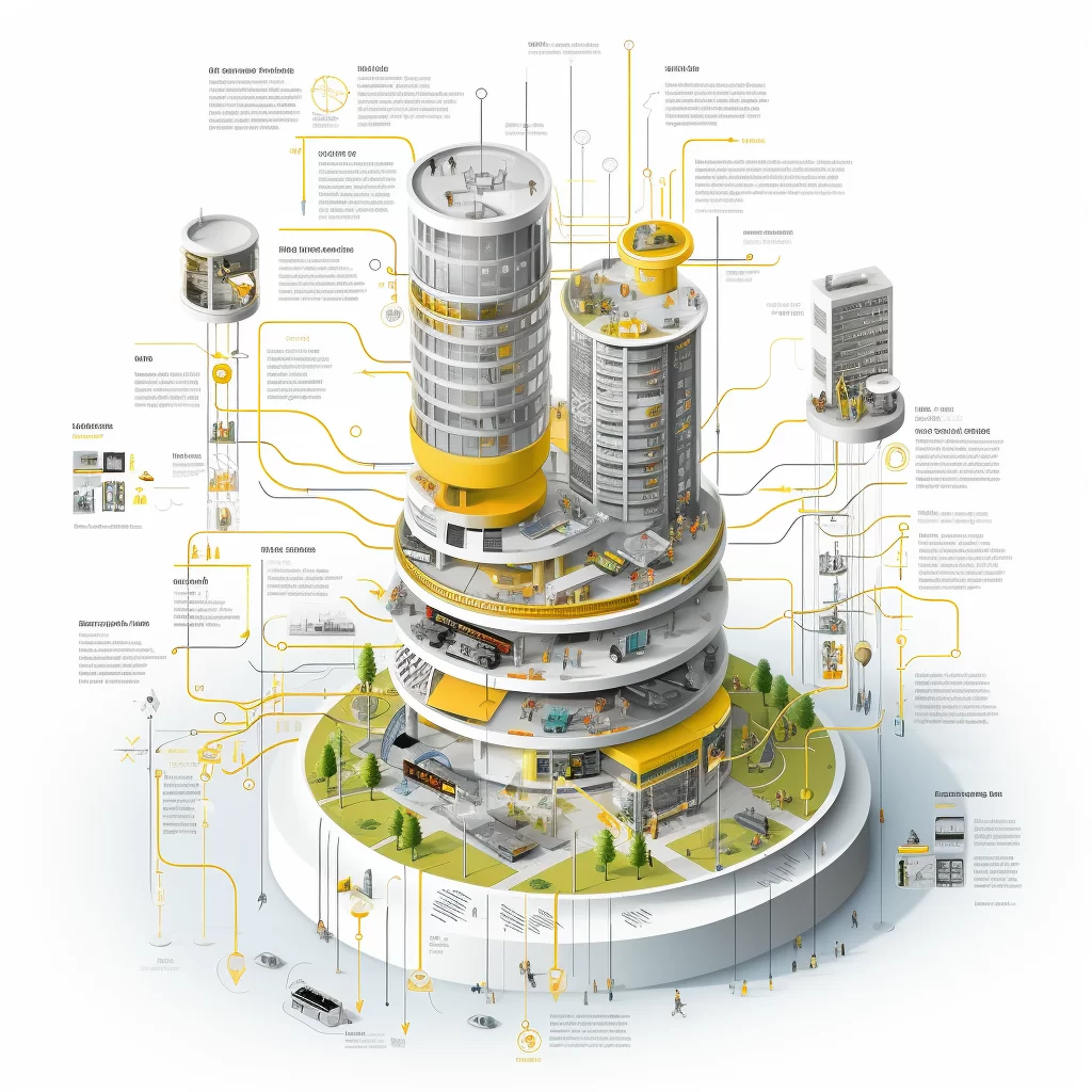 Illustrative cutaway of a mixed-use tower with annotated building systems