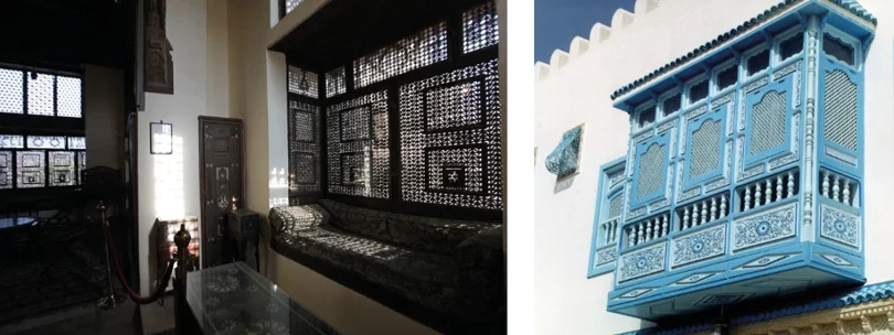 Mashrabiya screens: a carved timber interior screen and a painted blue projecting balcony