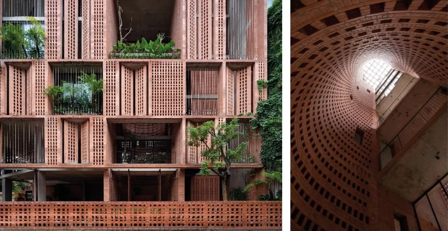 Perforated brick facade with planted terraces, and the interior of a brick lattice atrium