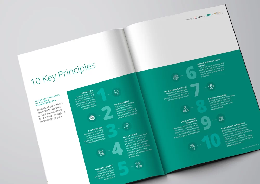 Report spread setting out the 10 key principles of net zero neighbourhoods, from optimisation and building fabric through to digitisation and automation