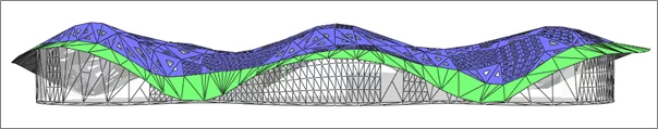Triangulated mesh model of a complex curved roof, prepared for energy modelling