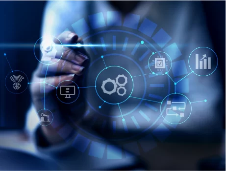 Engineer interacting with a digital overlay of connected building and process icons