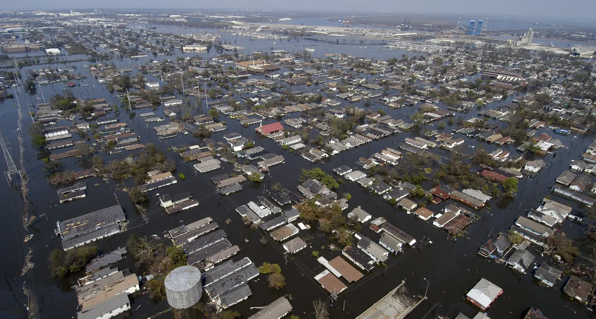 Aerial view of an urban neighbourhood submerged by floodwater