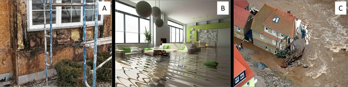 Examples of residential building damage in cities due to increased precipitation and urban flooding based o