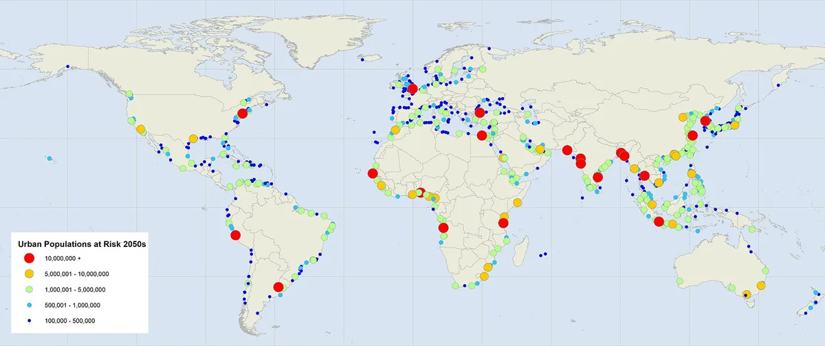 Cities at risk from sea level rise, here, cities projected to at least 0