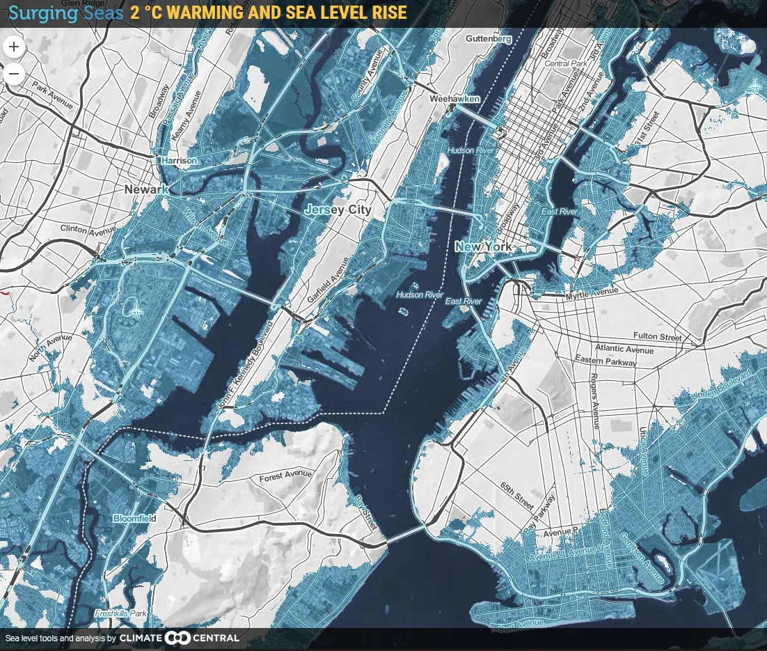 Map showing sea level rise in New York city; minimum amount projected from 2 degrees Celsius of global warm