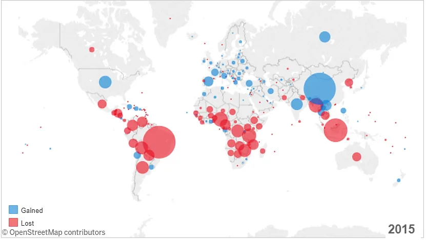 Change in forest area (km2) by country since 1990 (Source: World Bank, 2015)4 Deforestation affects human b