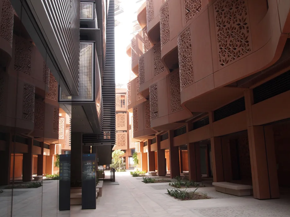 Masdar City, showing narrow shaded streets between buildings