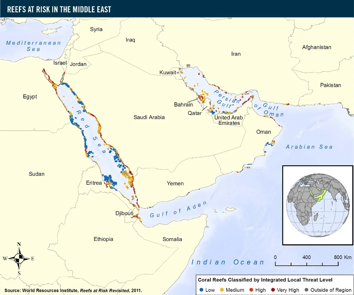 Map of coral reefs at risk in the Middle East, classified by integrated local threat level