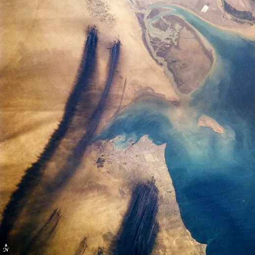 Satellite image showing oil plumes over Kuwait