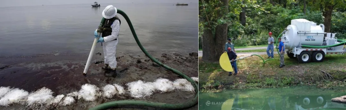 Portable oil vacuum device in use on a shoreline, and a truck-mounted suction skimmer with weir